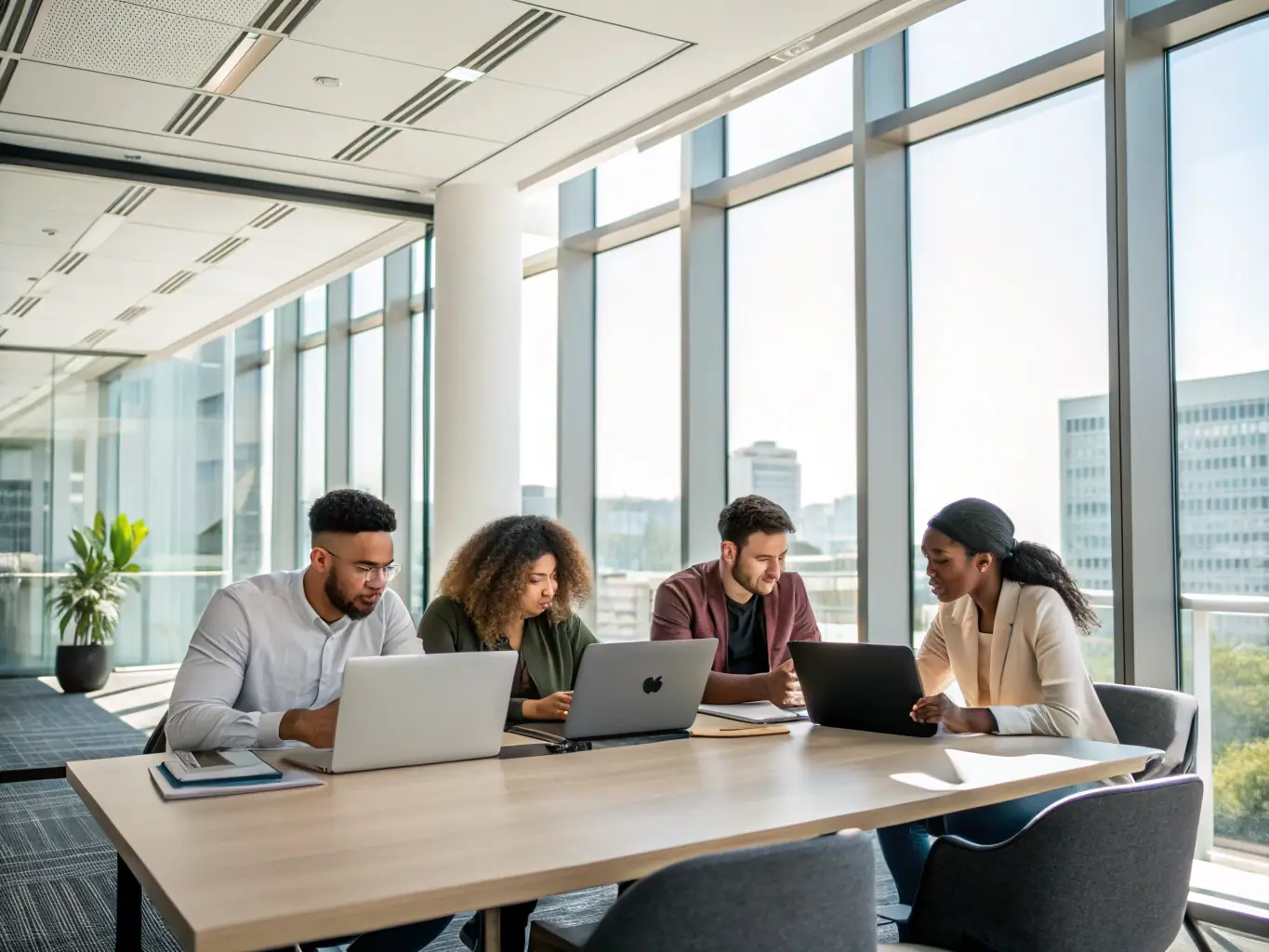 A visually appealing image showcasing a diverse team working on computers, symbolizing the software and technology industry. The image should evoke innovation, collaboration, and cutting-edge technology.