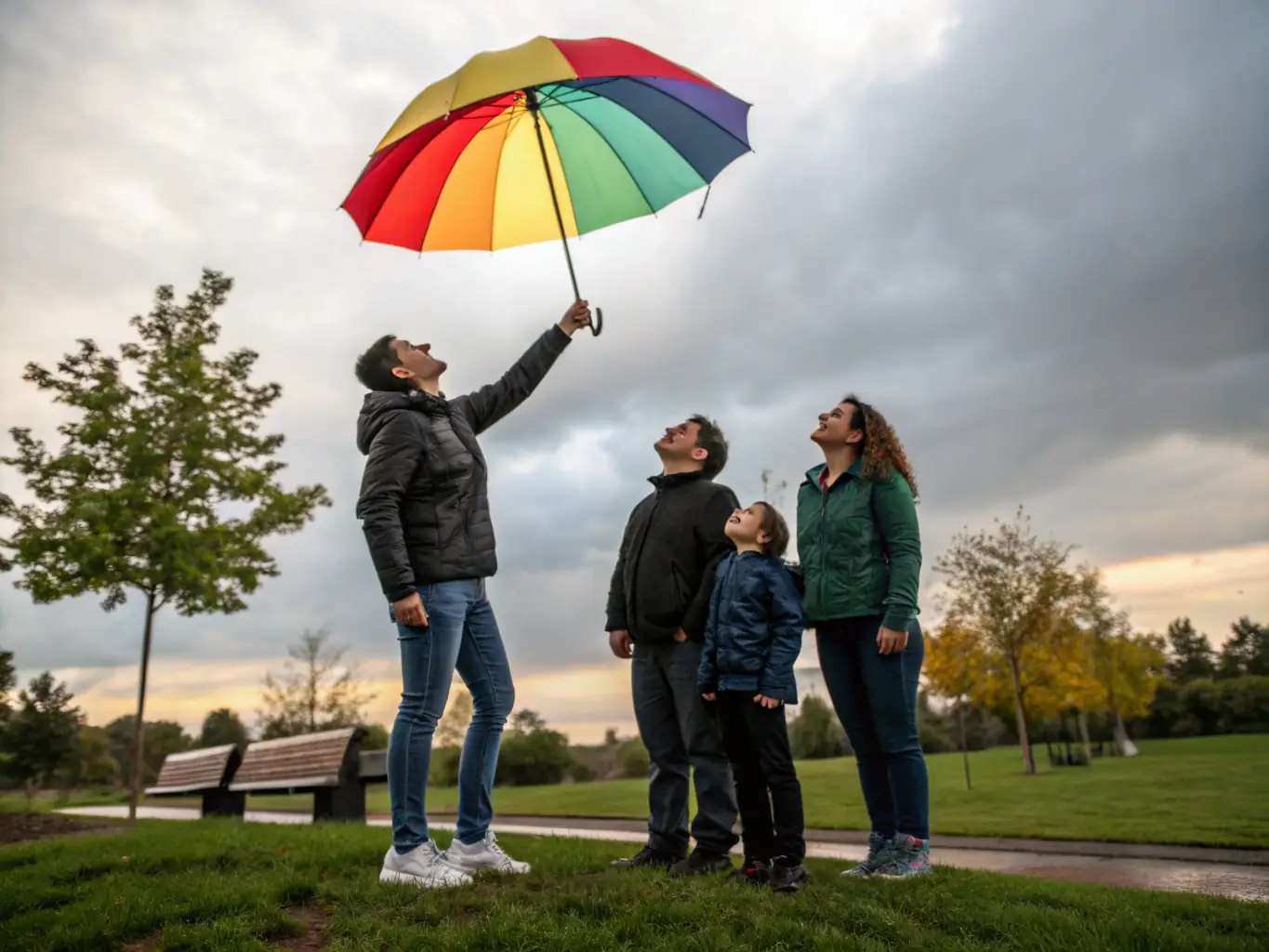 An image representing the insurance industry, possibly showing a secure building or a family protected by an umbrella. The image should convey security, reliability, and customer care.