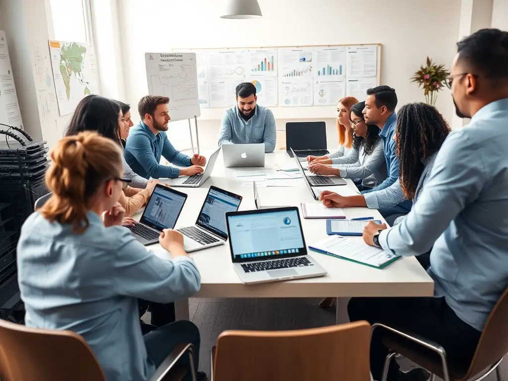 A group of diverse professionals participating in a skills development workshop, focusing on enhancing their expertise in a specific industry, facilitated by Asspire Recruitment Services.