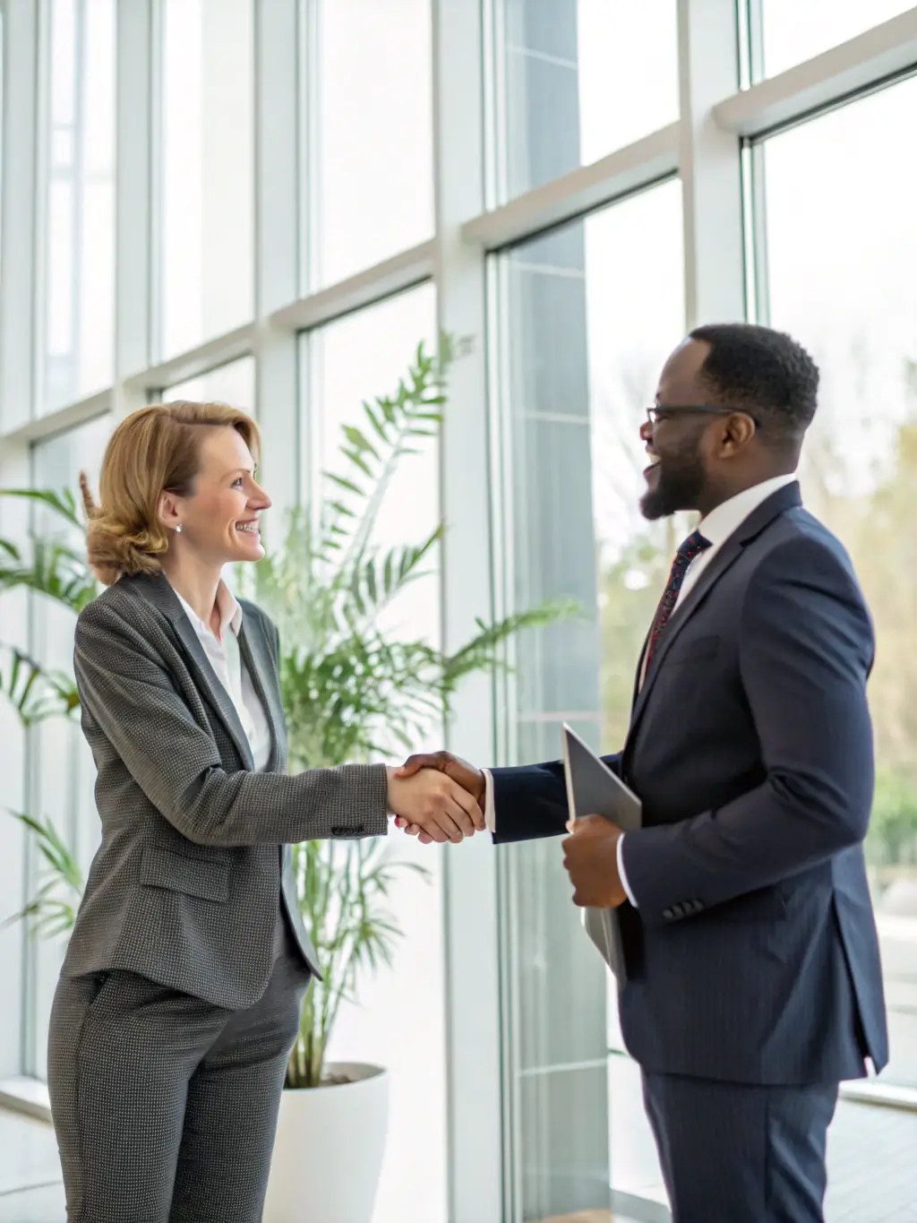 A professional recruiter shaking hands with a smiling candidate in a modern office setting, symbolizing successful candidate placement.
