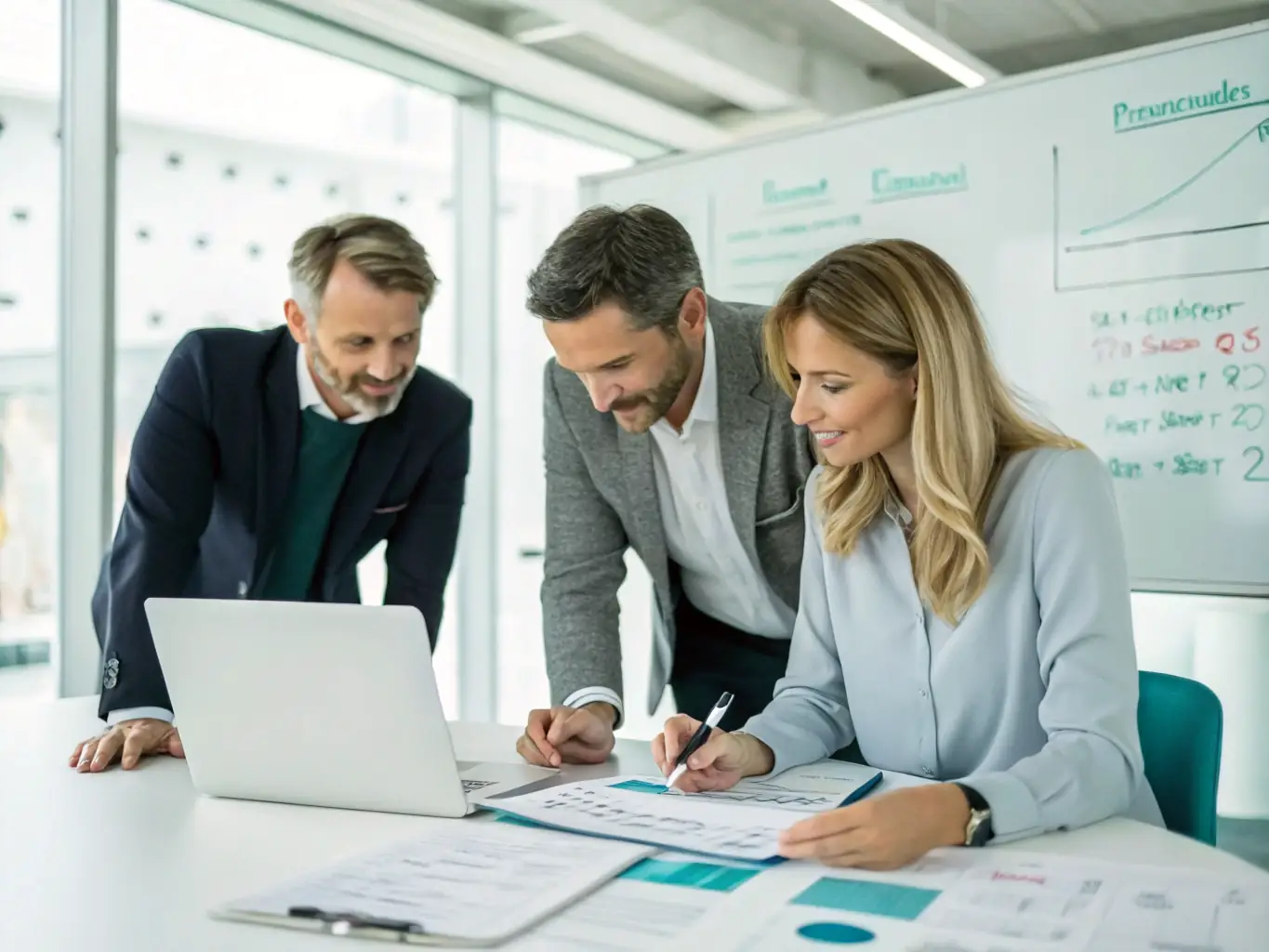 A professional image depicting a modern office environment with people collaborating, representing the banking and finance industry. The image should convey trust, stability, and growth.