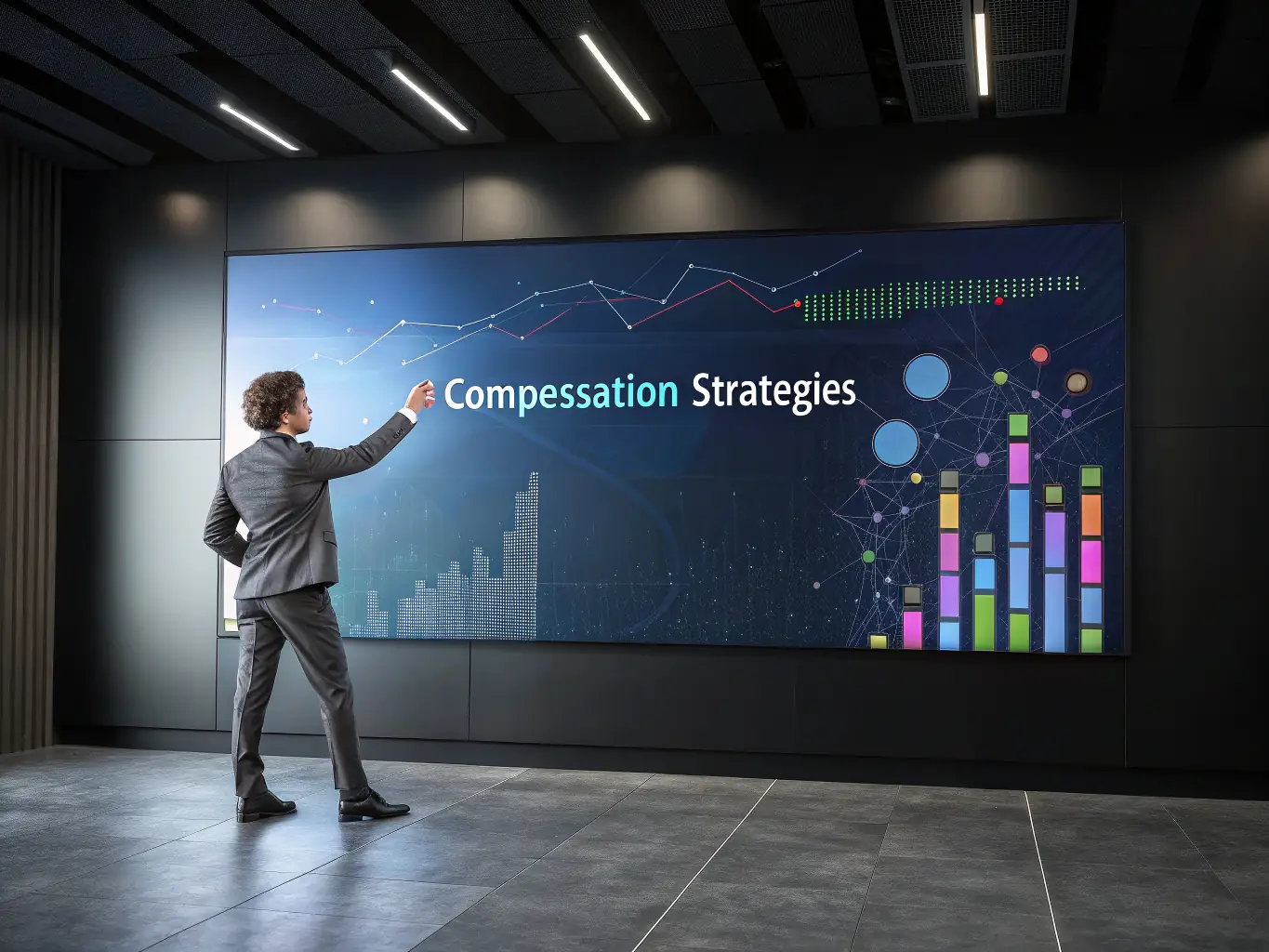 A consultant in a navy suit presenting a digital transformation roadmap to a client team, with vibrant charts and infinity-inspired graphics on a large screen, symbolizing OranJe Axis’s innovative approach to business transformation.