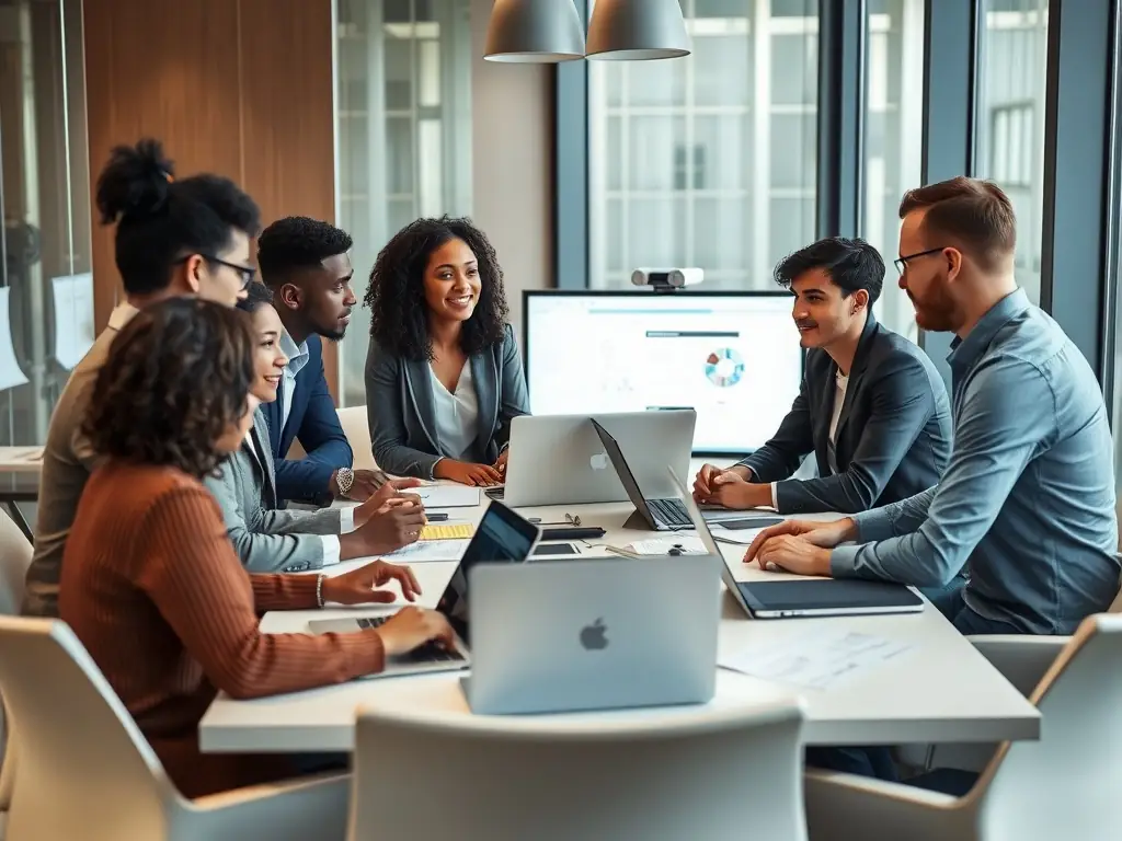 A diverse group of professionals from various backgrounds collaborating around a sleek conference table in a modern, glass-walled office, with digital world maps and network graphics in the background, representing OranJe Axis’s global talent reach.