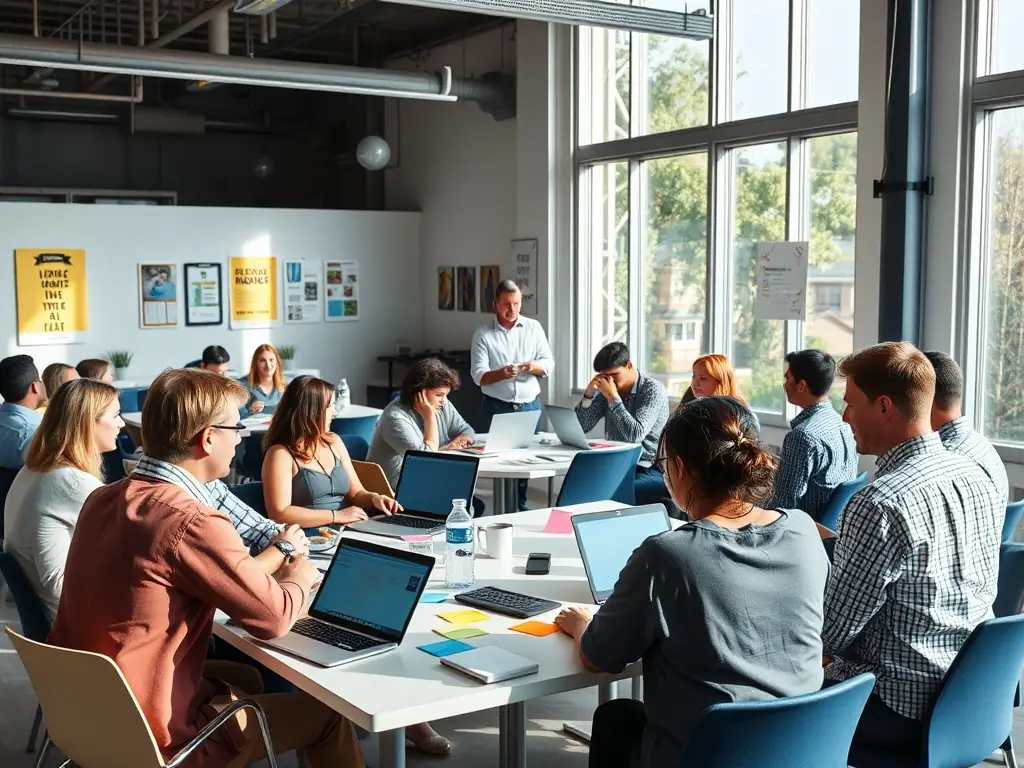 A leadership workshop in progress, with a dynamic facilitator engaging a group of attentive professionals, fostering discussion and collaboration in a bright, modern training space.
