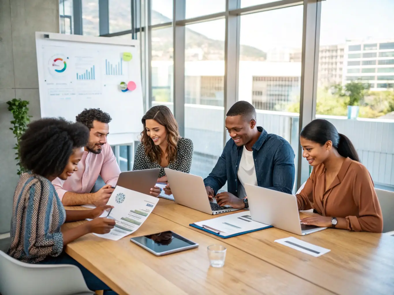 A diverse group of professionals from various backgrounds collaborating around a conference table in a sleek, modern office, representing global talent sourcing and teamwork for a consulting website.