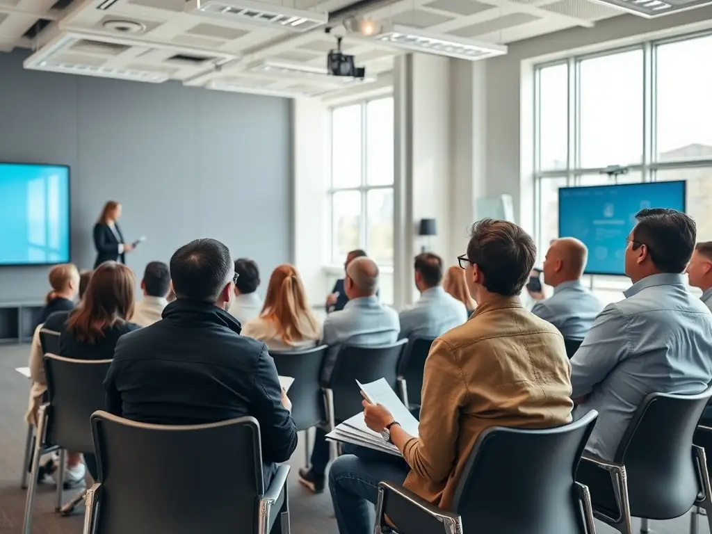 A dynamic leadership workshop scene with engaged participants, a confident facilitator, and subtle orange accents, set in a bright, modern training space, reflecting OranJe Axis’s commitment to leadership development.