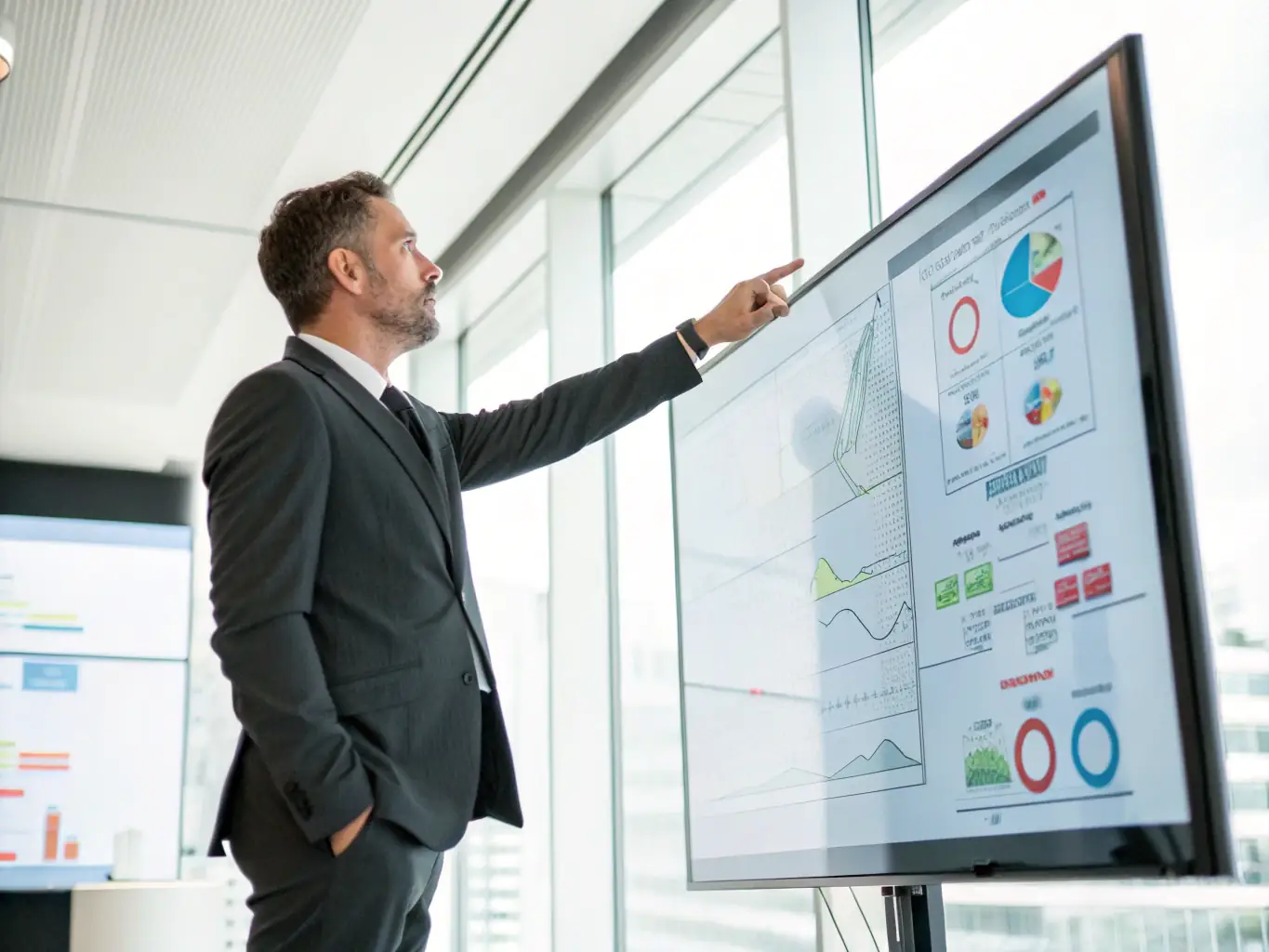 A consultant in business attire presenting a digital transformation roadmap to a client team, with charts and graphs displayed on a large screen in a contemporary boardroom.
